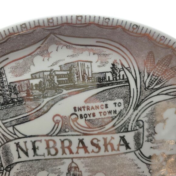 Vintage Nebraska Souvenir Plate 9" With State Capitol & Landmarks In Brow & Gold - Picture 2 of 15